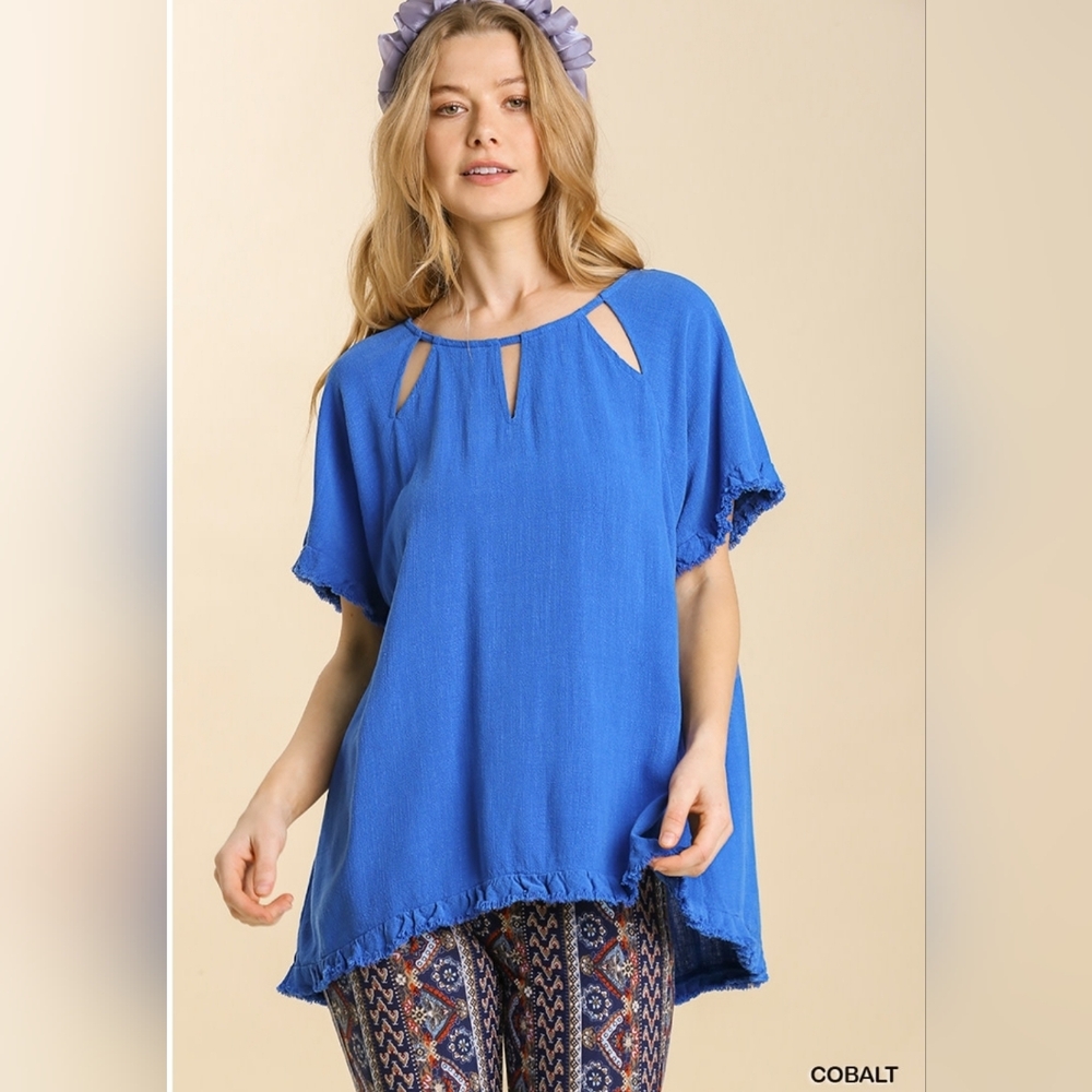 Umgee Keyhole Short Sleeve Women's Top Linen Cotton Blend Sz S Relaxed Fit Blue